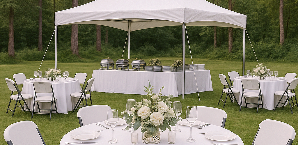 Outdoor event setup with tables, chairs, and marquee tent